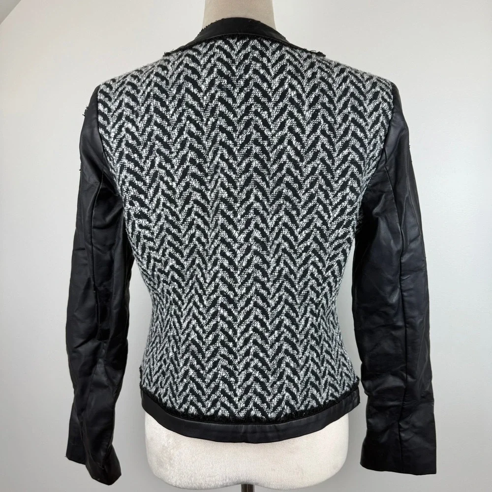 Mossimo Womens Black White Herringbone Tweed Faux Leather Zip Lined Jacket Sz M‎